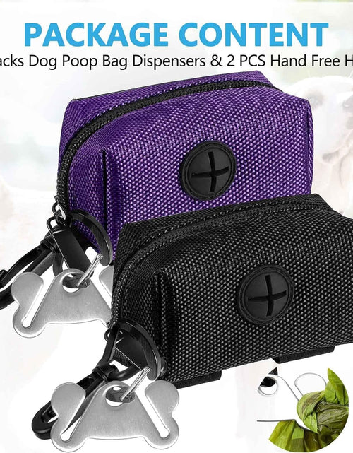 Load image into Gallery viewer, 2 Pack Dog Poop Bag Holder for Leash Attachment - Waste Bag Dispenser for Leash - Fits Any Dog Leash - Portable Set with 1 Hand Free Holder Metal Carrier - Black&amp;Purple
