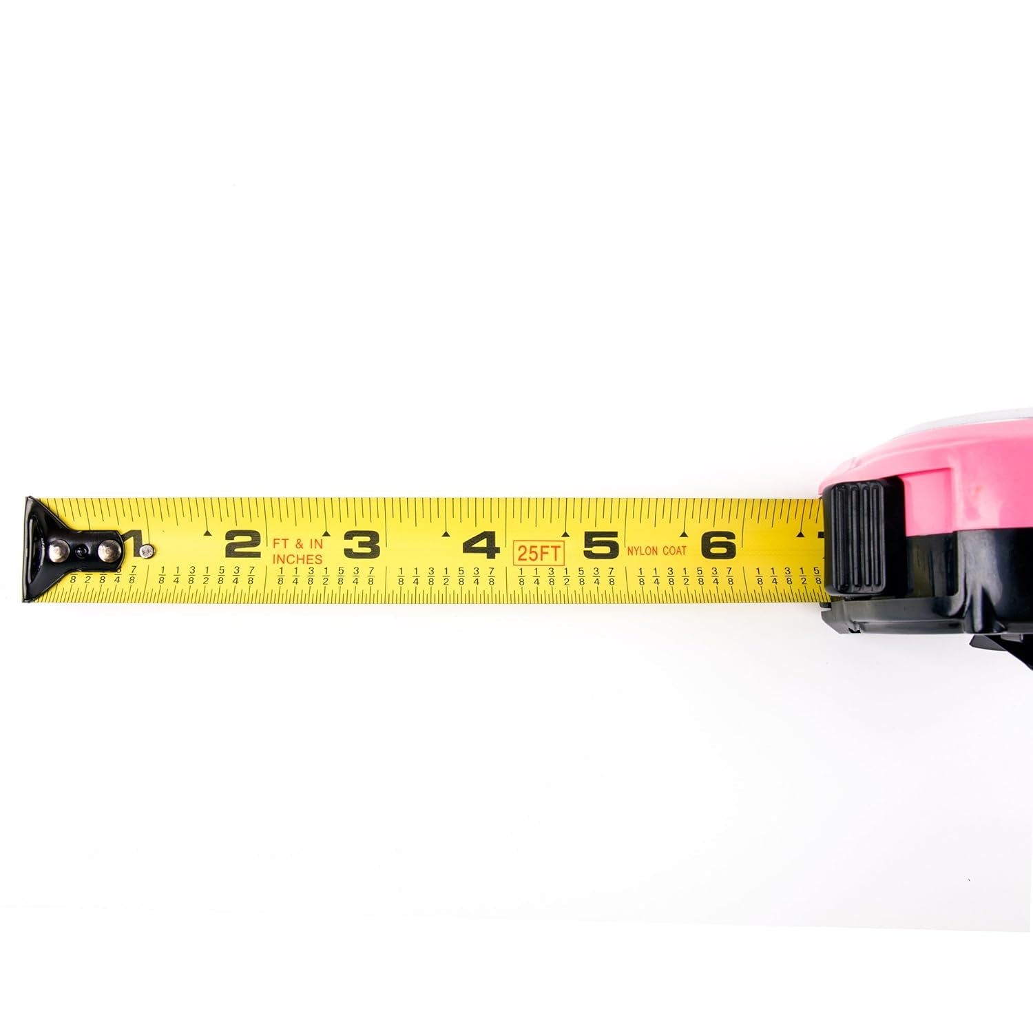 Tools Measuring Tape, 25 Foot Tape Measure with Retractable Blade, Fraction Markings, 1 Inch Nylon Blade, 8 Foot Standout, Lock Button and Belt Clip - Pink Ribbon - Pink - DT5002P