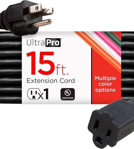 15 Ft Extension Cord, Double Insulated, Indoor/Outdoor, General Purpose, 3 Wire, 16 Gauge, Ideal for Outdoor Lighting, UL Listed, Black, 36824-T1