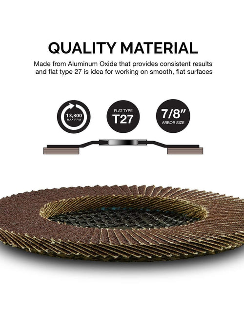 Load image into Gallery viewer, 11107A Aluminum Oxide Angle Grinder Sanding Disc, 60 Grit, 4.5” X 7/8” Flap Disc, Flat Type #27 13,300 RPM, Premium &amp; Industrial Grade Grinding Wheel, 10 Pk, Metal Sanding Disc for Angle Grinder
