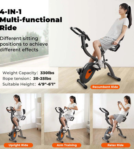 Folding Exercise Bike Stationary Recumbent 3-In-1 Exercise Bike Portable Magnetic with Adjustable Arm Resistance Bands and LCD Monitor and Pulse Grip for Home Use
