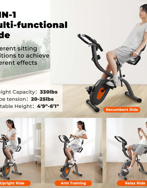 Load image into Gallery viewer, Folding Exercise Bike Stationary Recumbent 3-In-1 Exercise Bike Portable Magnetic with Adjustable Arm Resistance Bands and LCD Monitor and Pulse Grip for Home Use
