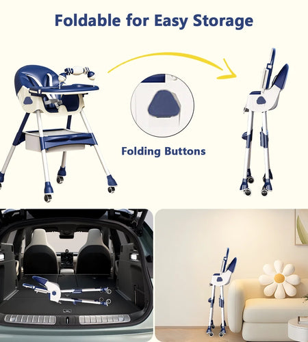 Portable High Chair with Wheels, Foldable Travel High Chair for Babies Toddlers, Purple