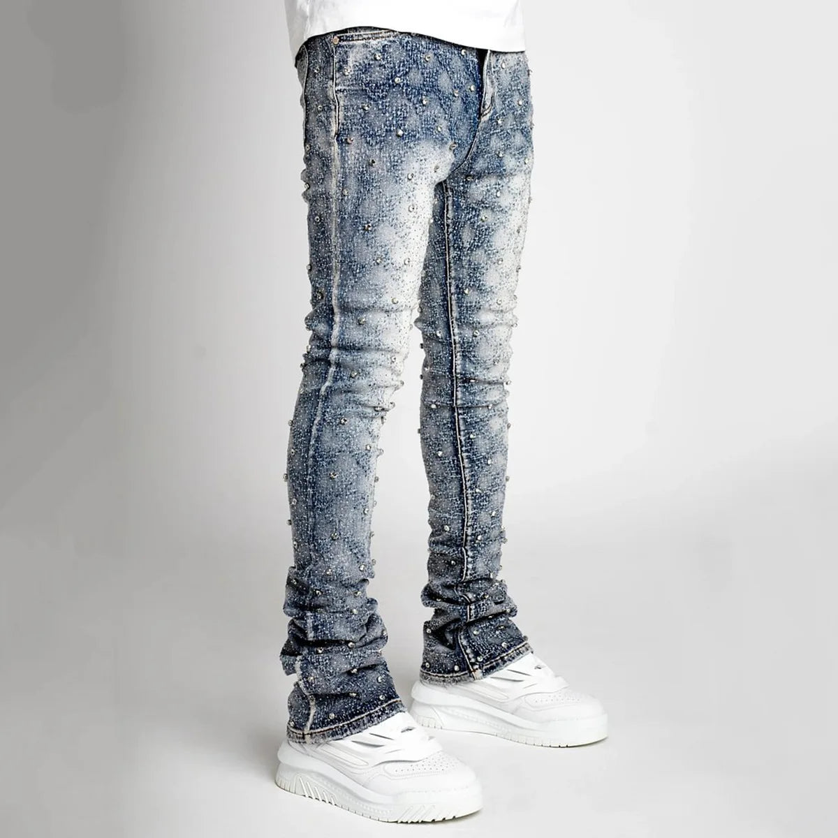 European Personality Stacked Jeans for Men Slim Fit Stretchy Pearls Man'S New Designer Jeans