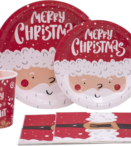 Disposable Christmas Paper Plates, Napkins, Cups & Straws Set for 20 (Red)