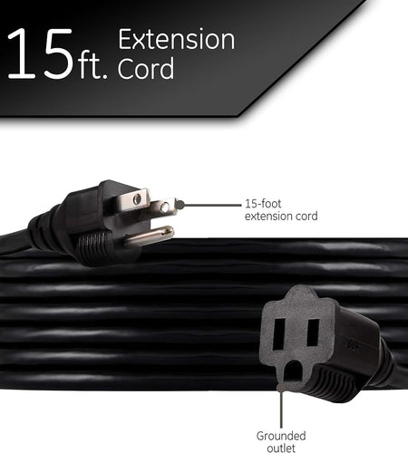 15 Ft Extension Cord, Double Insulated, Indoor/Outdoor, General Purpose, 3 Wire, 16 Gauge, Ideal for Outdoor Lighting, UL Listed, Black, 36824-T1