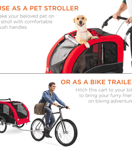 2-In-1 Dog Bike Trailer, Pet Stroller Bicycle Carrier W/ Hitch, Brakes, Visibility Flag, Reflector