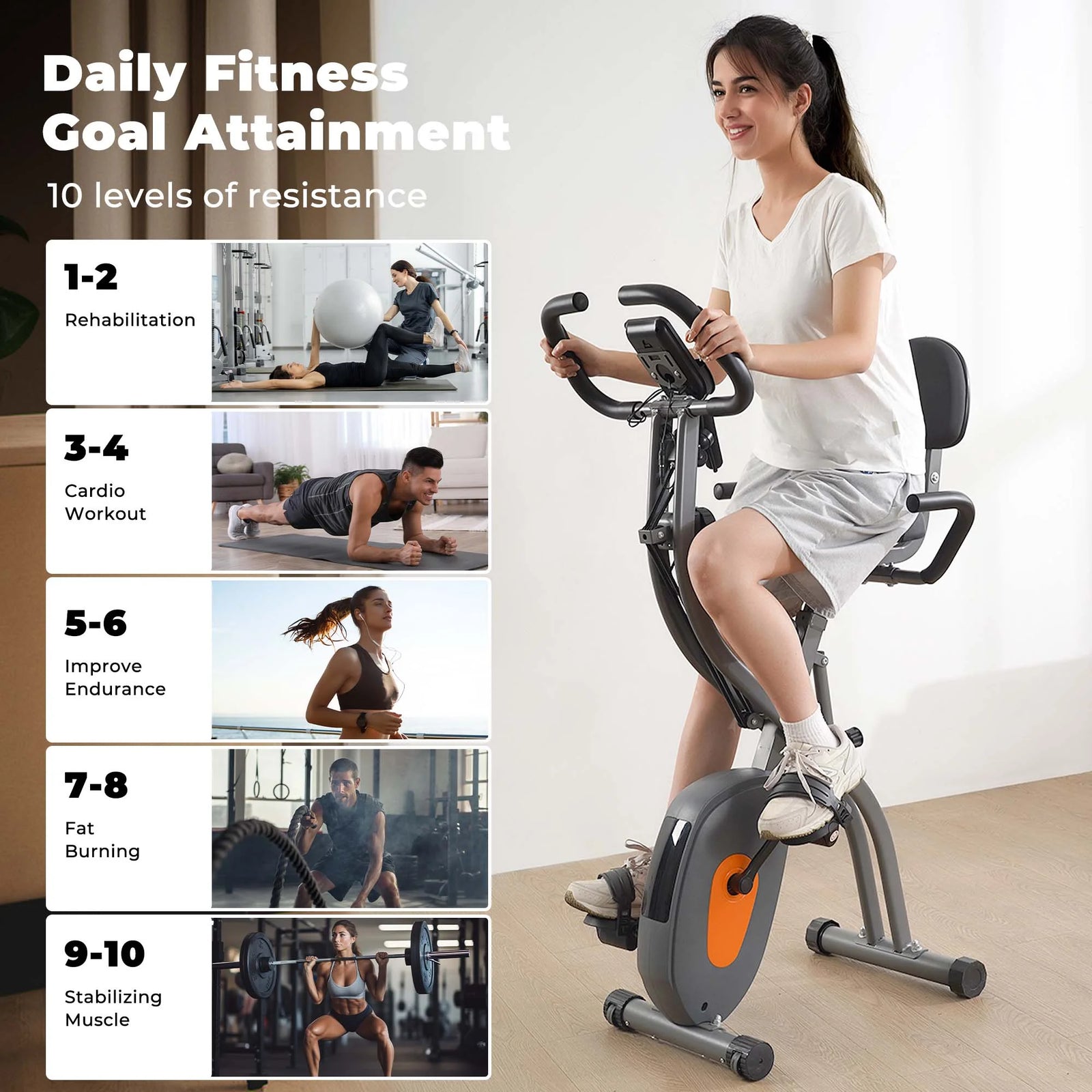 Folding Exercise Bike Stationary Recumbent 3-In-1 Exercise Bike Portable Magnetic with Adjustable Arm Resistance Bands and LCD Monitor and Pulse Grip for Home Use