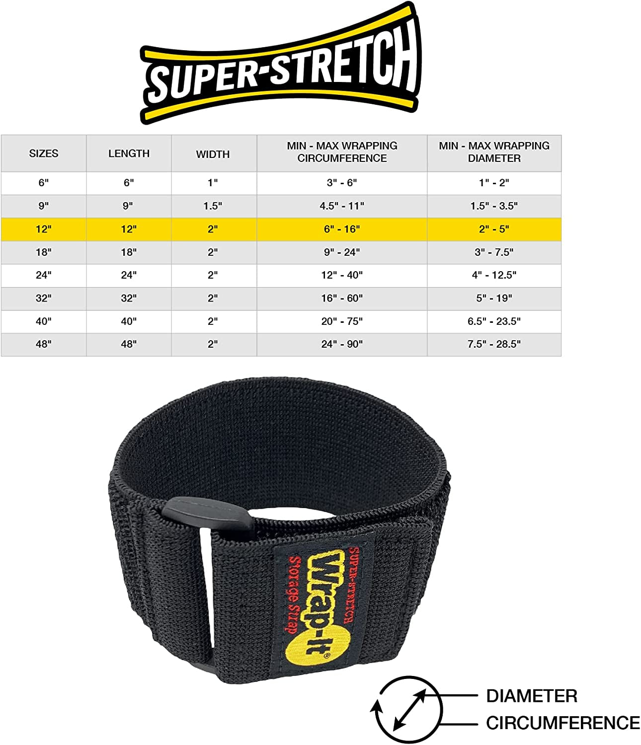 Super-Stretch  Straps, 12" (8 Pack) - Elastic Hook and Loop Cinch Straps - Extension Cord Organizer, Hose and Cables Straps, Cord Wrap, Cord Keeper, Garage and RV Storage Accessories