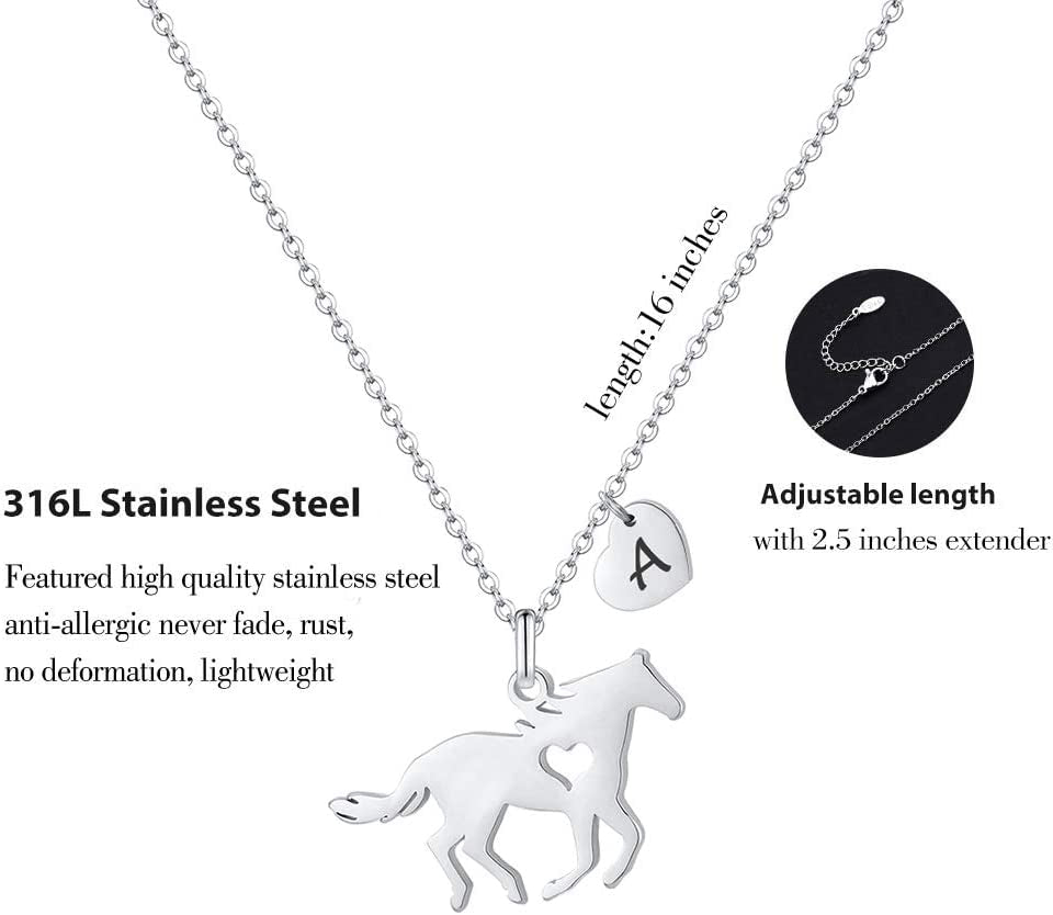 Girls Horse Necklace, Dainty Horse Jewelry for Girls Initial Necklace, Stainless Steel Kids Heart Initial Necklace Horse Girl Horse Pendant Letter Necklace Horse Gifts for Teen Girls Horse Lovers