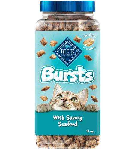Bursts Crunchy & Creamy Dry Cat Treats, Great for Training, Seafood, 12-Oz. Tub