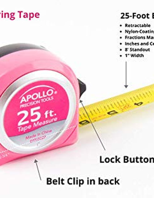 Load image into Gallery viewer, Tools Measuring Tape, 25 Foot Tape Measure with Retractable Blade, Fraction Markings, 1 Inch Nylon Blade, 8 Foot Standout, Lock Button and Belt Clip - Pink Ribbon - Pink - DT5002P
