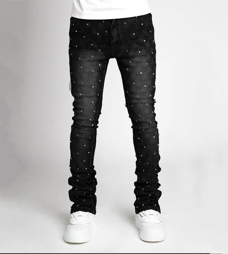 European Personality Stacked Jeans for Men Slim Fit Stretchy Pearls Man'S New Designer Jeans