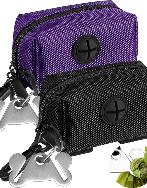 Load image into Gallery viewer, 2 Pack Dog Poop Bag Holder for Leash Attachment - Waste Bag Dispenser for Leash - Fits Any Dog Leash - Portable Set with 1 Hand Free Holder Metal Carrier - Black&amp;Purple
