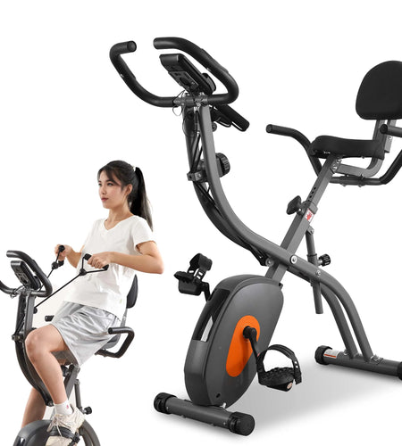 Folding Exercise Bike Stationary Recumbent 3-In-1 Exercise Bike Portable Magnetic with Adjustable Arm Resistance Bands and LCD Monitor and Pulse Grip for Home Use