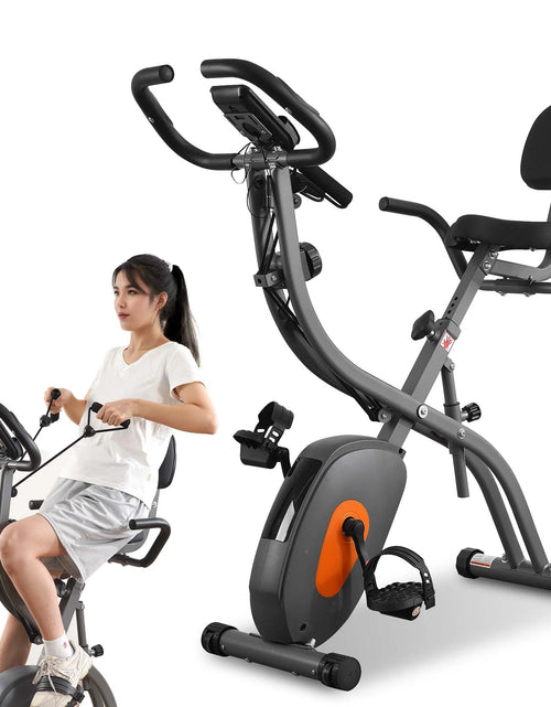 Load image into Gallery viewer, Folding Exercise Bike Stationary Recumbent 3-In-1 Exercise Bike Portable Magnetic with Adjustable Arm Resistance Bands and LCD Monitor and Pulse Grip for Home Use
