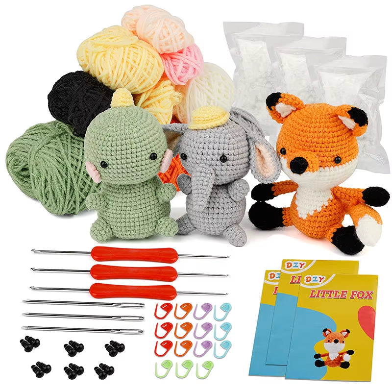 DIY Crochet Animal Kit with Hand Knitting Yarn Needles Plush Doll Easy for Starter Includes Enough Yarn Hook Accessories