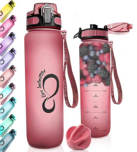 Gym Water Bottle with Time Marker Fruit Infuser and Shaker 34 Oz Amethyst