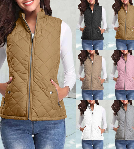Women'S Padded Vest Quilted Jacket Ladies Zipper Sleeveless Waistcoat Autumn Winter Lightweight Comfortable Cotton down Vests