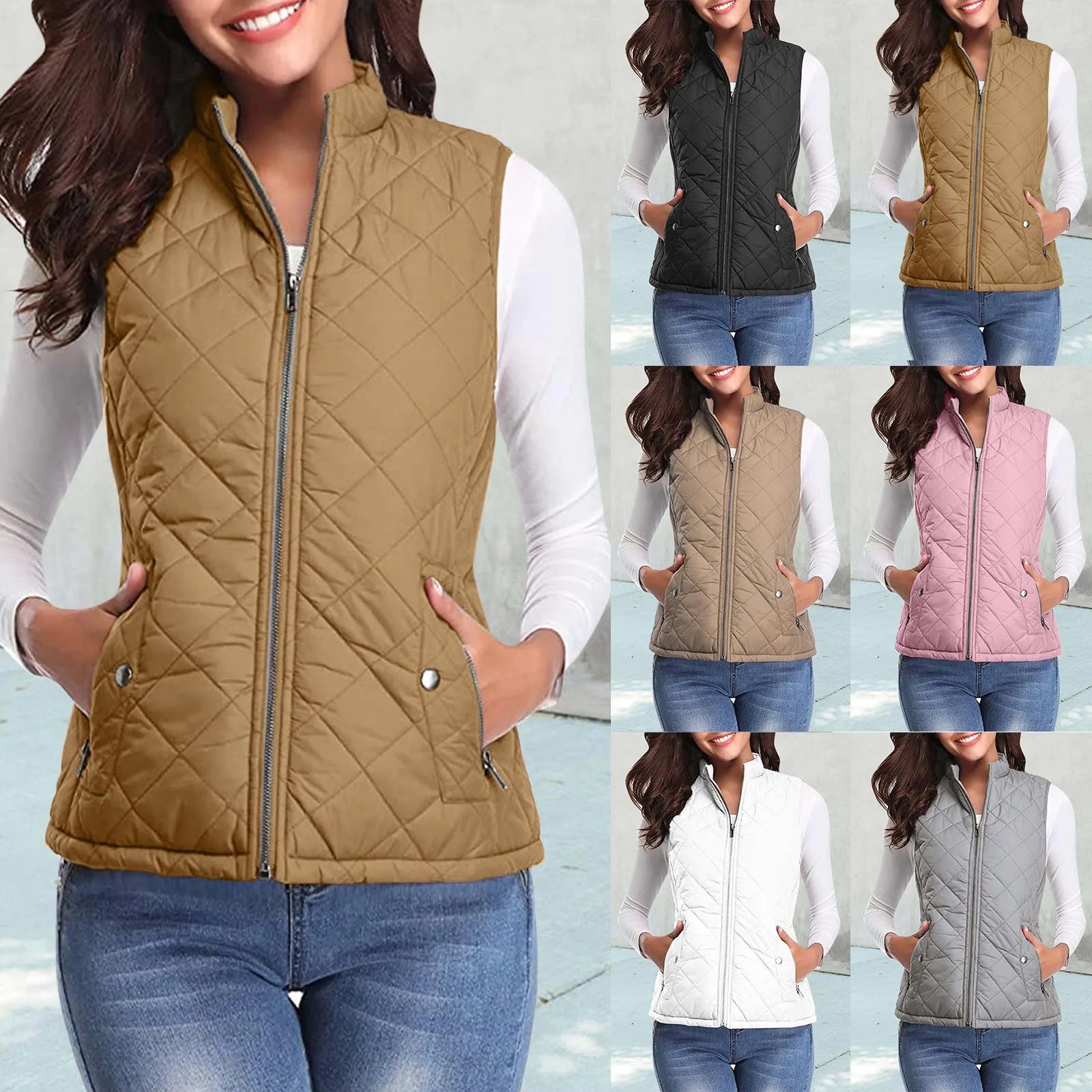 Women'S Padded Vest Quilted Jacket Ladies Zipper Sleeveless Waistcoat Autumn Winter Lightweight Comfortable Cotton down Vests