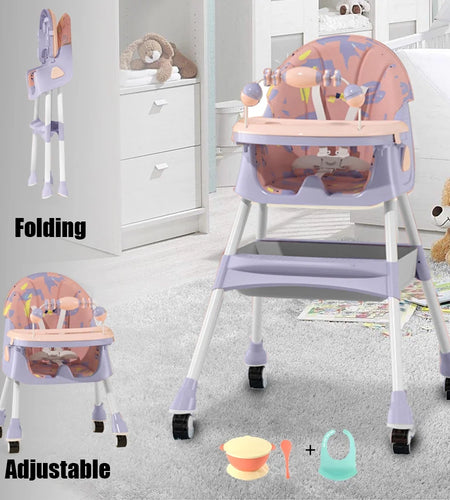 XUDREZ 4-In-1 Baby High Chair Portable Baby Dining Chairs Eat & Play Convertible High Chair with Five-Point Snap Button, Double-Layer Dinner Plate and Toy Rack, Purple