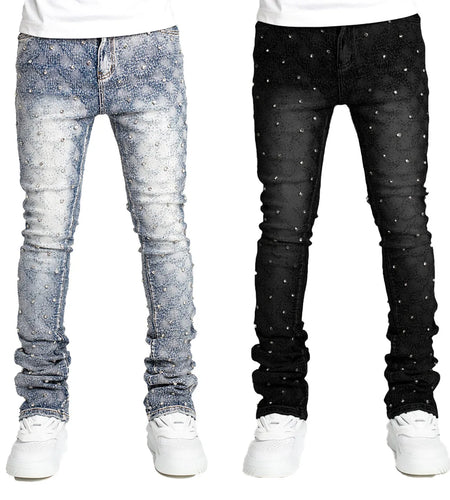 European Personality Stacked Jeans for Men Slim Fit Stretchy Pearls Man'S New Designer Jeans