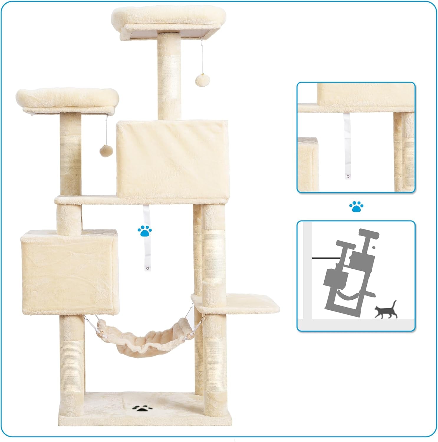 Large Multi-Level Cat Tree Condo Furniture with Sisal-Covered Scratching Posts, 2 Bigger Plush Condos, Perch Hammock for Kittens, Cats and Pets Beige MPJ020M