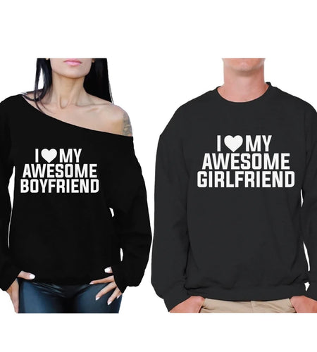 Couple Sweatshirts Girlfriend & Boyfriend Matching Couple Sweaters for Valentines Day I Love My Awesome Boyfriend off Shoulder Sweatshirt I Love My Awesome Girlfriend Sweater for Couple