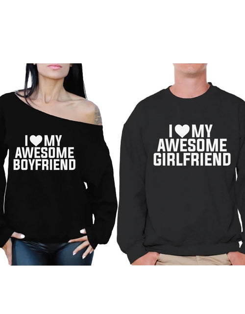 Load image into Gallery viewer, Couple Sweatshirts Girlfriend &amp; Boyfriend Matching Couple Sweaters for Valentines Day I Love My Awesome Boyfriend off Shoulder Sweatshirt I Love My Awesome Girlfriend Sweater for Couple
