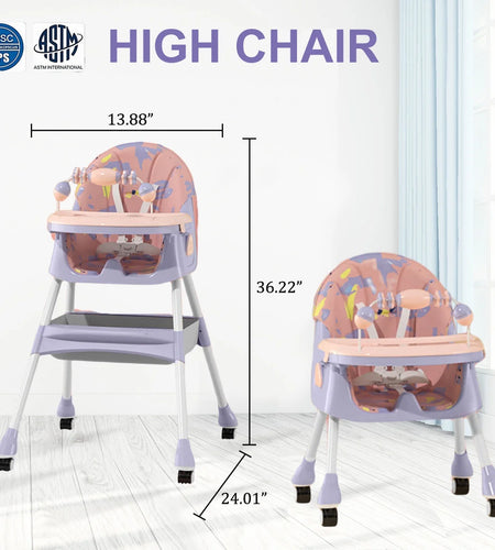 XUDREZ 4-In-1 Baby High Chair Portable Baby Dining Chairs Eat & Play Convertible High Chair with Five-Point Snap Button, Double-Layer Dinner Plate and Toy Rack, Purple
