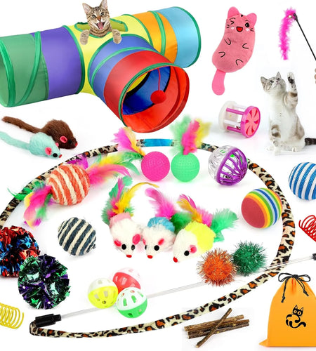 32 PCS Cat Toys Kitten Toys, Variety Catnip Toys with Rainbow Tunnel Interactive Cat Feather Teaser Spring Toy Set for Cat, Kitty