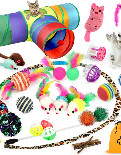 Load image into Gallery viewer, 32 PCS Cat Toys Kitten Toys, Variety Catnip Toys with Rainbow Tunnel Interactive Cat Feather Teaser Spring Toy Set for Cat, Kitty
