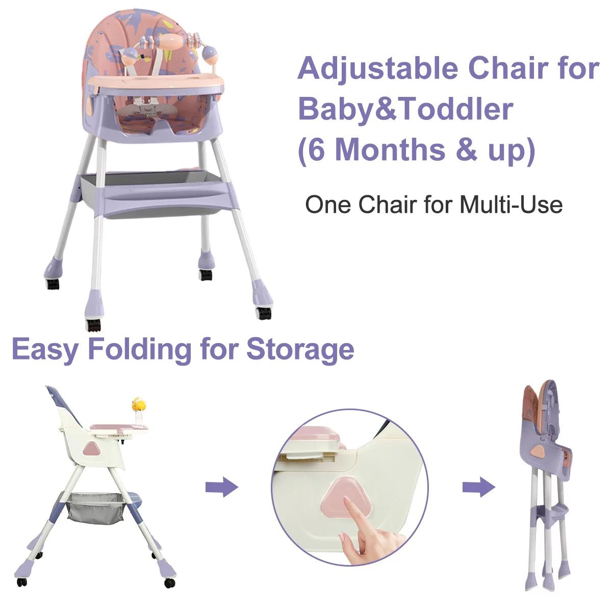 XUDREZ 4-In-1 Baby High Chair Portable Baby Dining Chairs Eat & Play Convertible High Chair with Five-Point Snap Button, Double-Layer Dinner Plate and Toy Rack, Purple