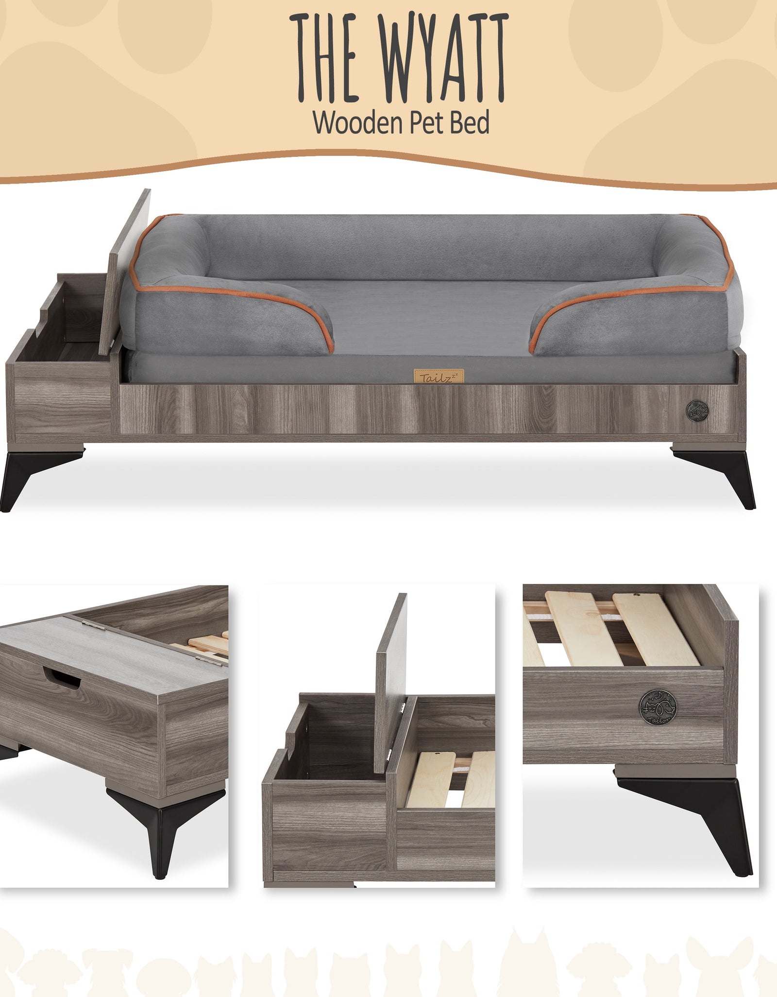 Wyatt Wooden Pet Bed with Mattress | Large to Extra Large Greenguard Gold Certified Dog Bed