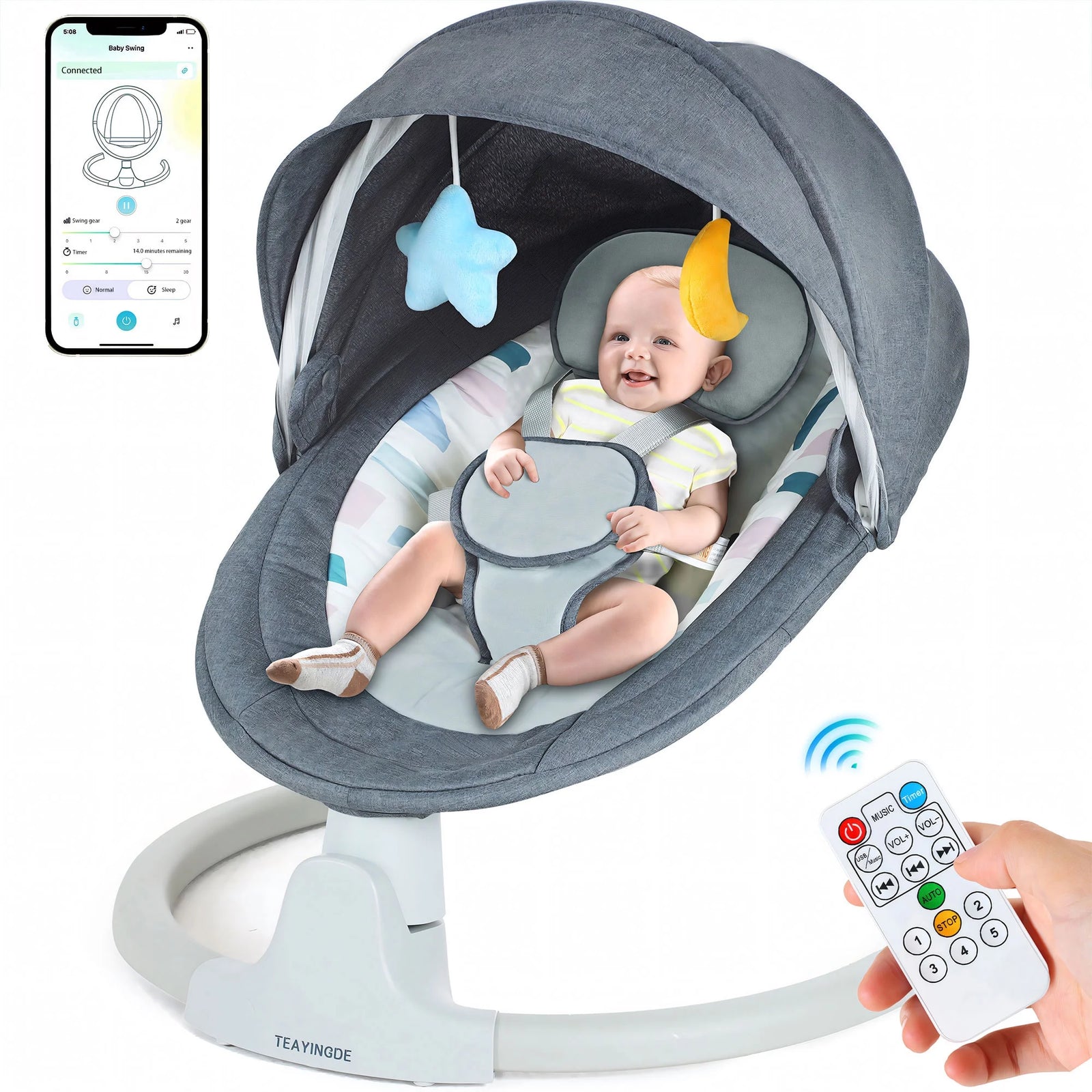 Baby Swing for Infants - APP Remote Bluetooth Control, 5 Speed Settings, 10 Lullabies, USB Plug (Pink)