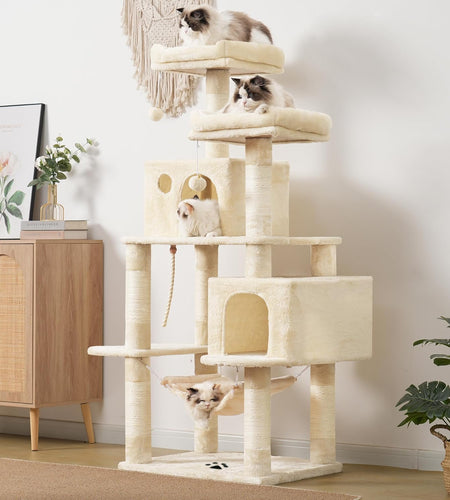 Large Multi-Level Cat Tree Condo Furniture with Sisal-Covered Scratching Posts, 2 Bigger Plush Condos, Perch Hammock for Kittens, Cats and Pets Beige MPJ020M