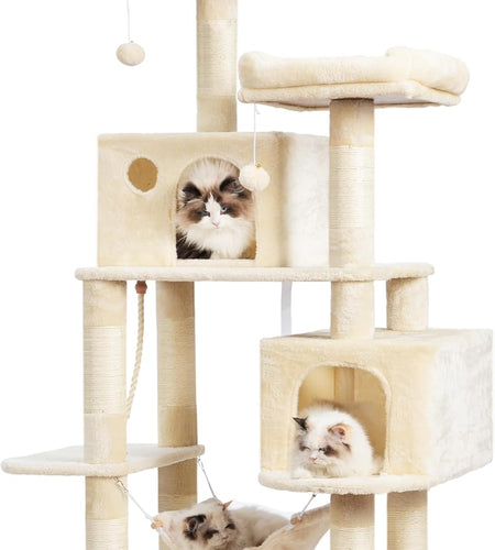 Large Multi-Level Cat Tree Condo Furniture with Sisal-Covered Scratching Posts, 2 Bigger Plush Condos, Perch Hammock for Kittens, Cats and Pets Beige MPJ020M
